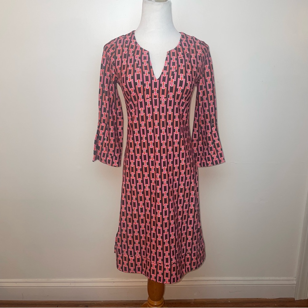 Jude Connally Shift Midi Dress Women’s X small Espresso Link Print Brown Pink